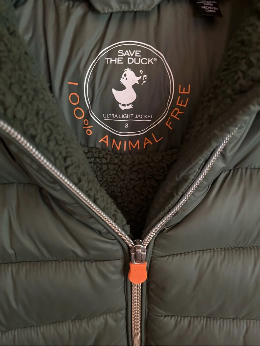 SAVE THE DUCK | Girls | Olive Green | Sherpa-Lined Hooded Puffer Jacket | Size 8